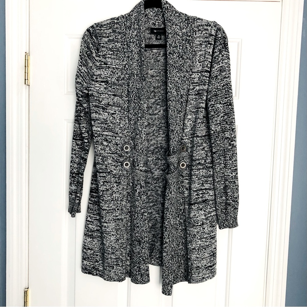 AB Studio Cardigan Women’s Size M Black and Gray Button Tab Detail at Waist